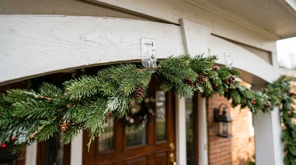Adhesive clips holding fir garland