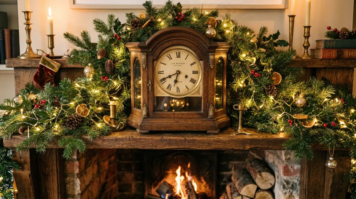 Antique wooden clock on mantel