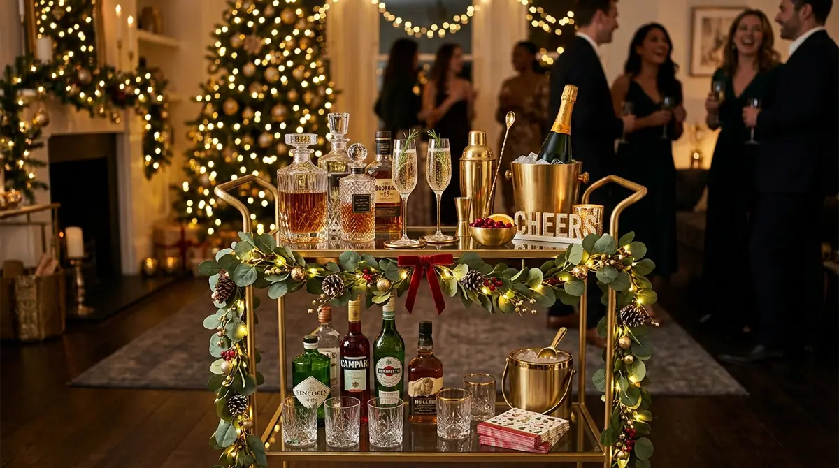 Bar cart christmas party setup