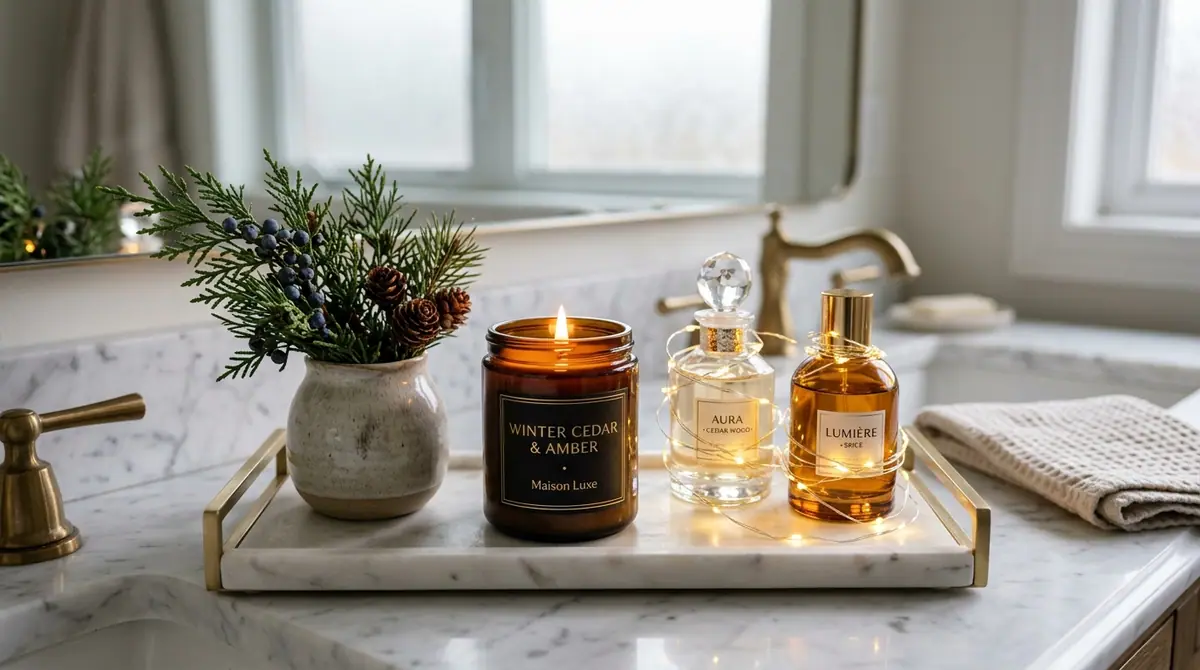 Bathroom vanity tray with winter