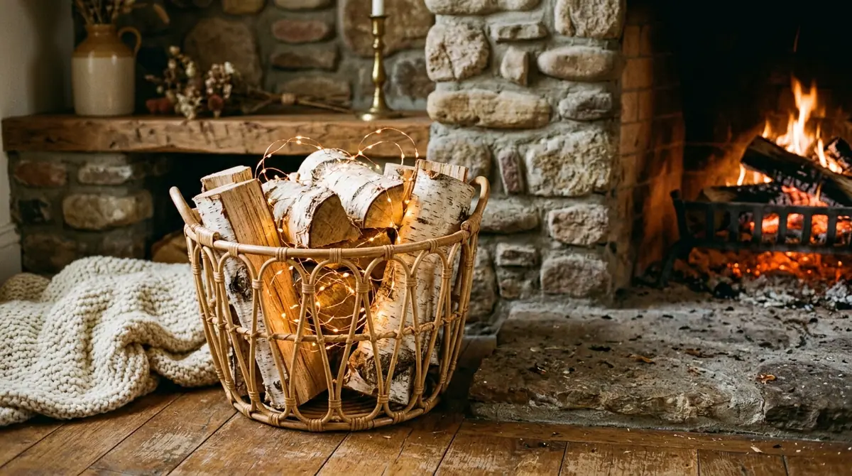 Birch logs in rattan basket