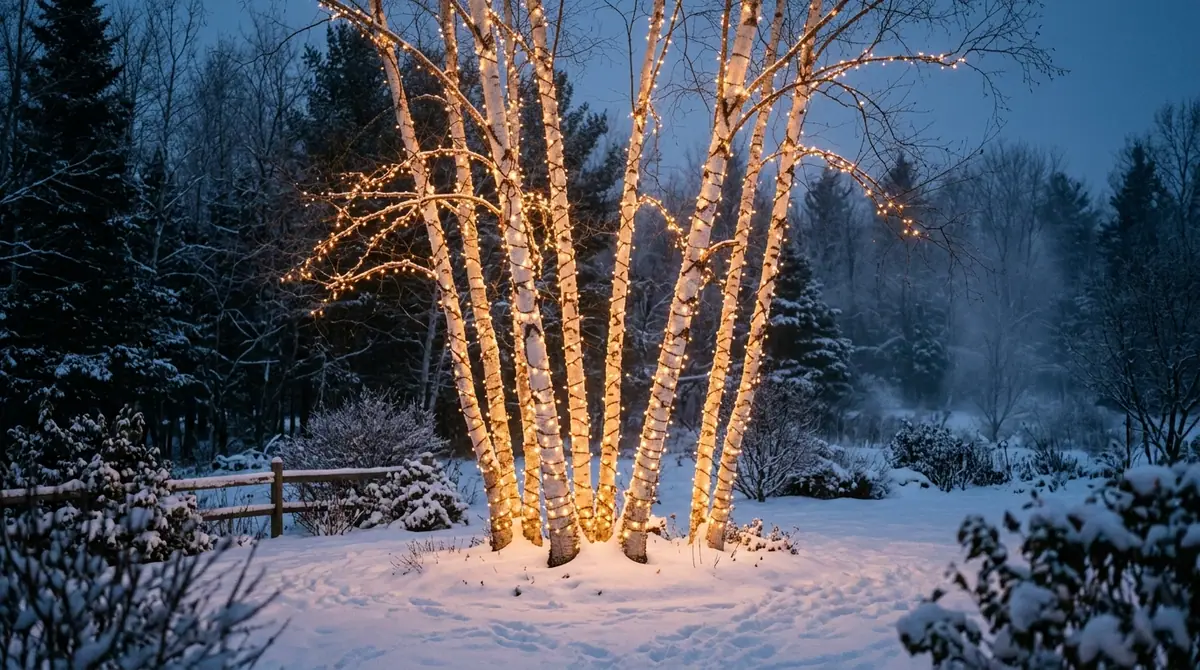 Birch trees wrapped in lights