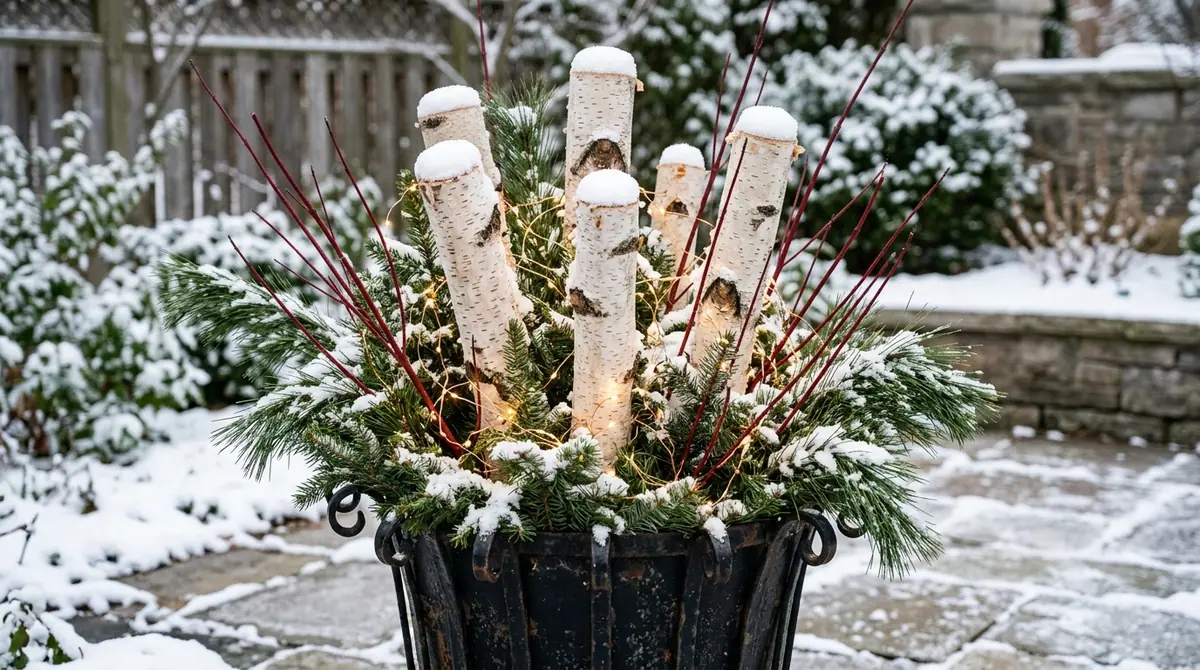 Black iron planter with logs