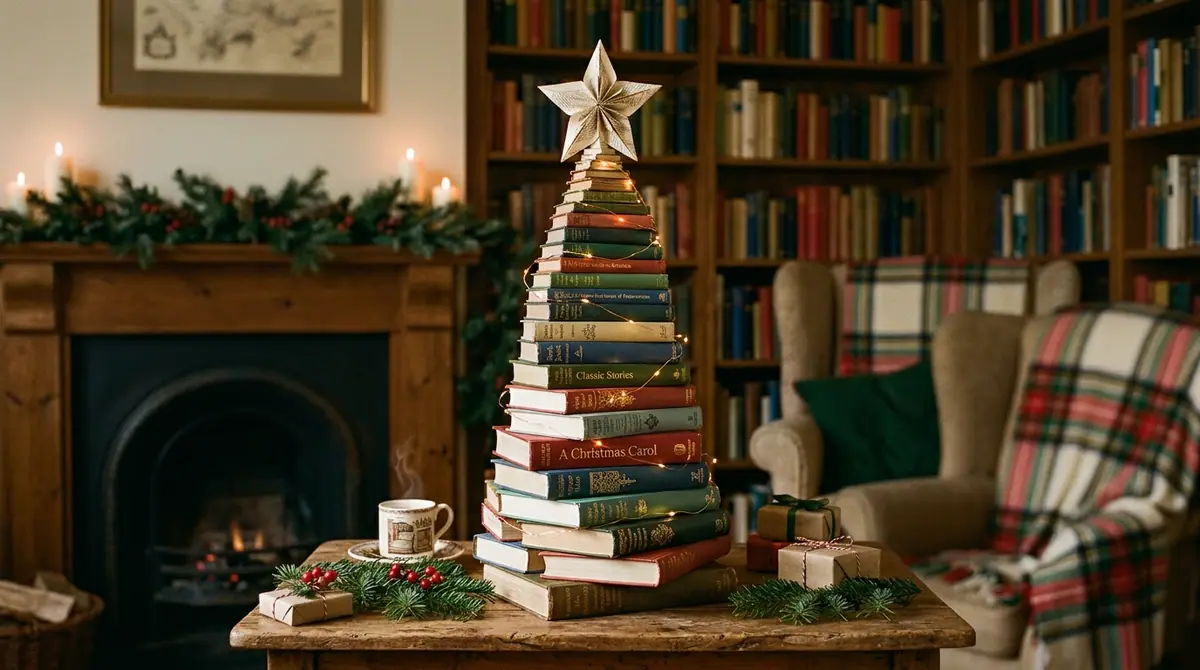 Book tree with fairy lights