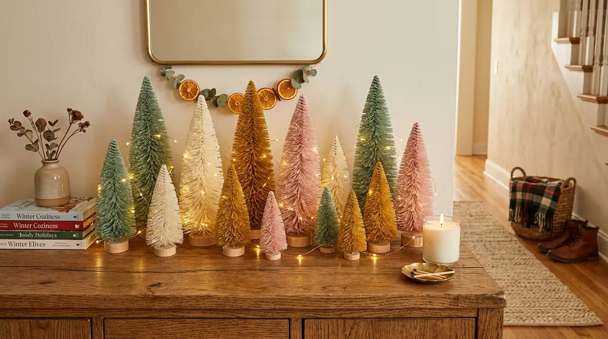 Bottle brush trees on credenza