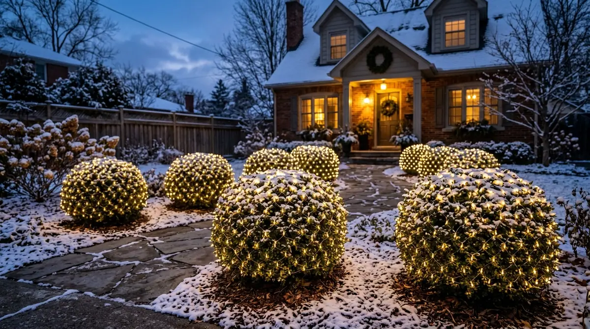Boxwood shrubs covered in lights