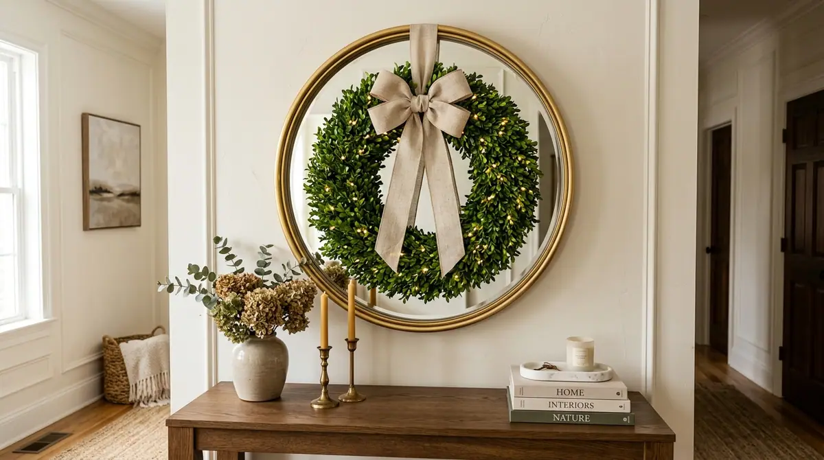 Boxwood wreath on wall mirror