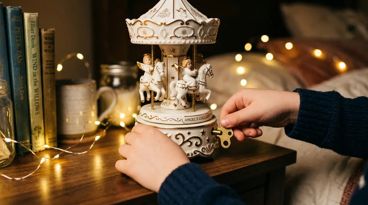 Boy winding ceramic angel carousel