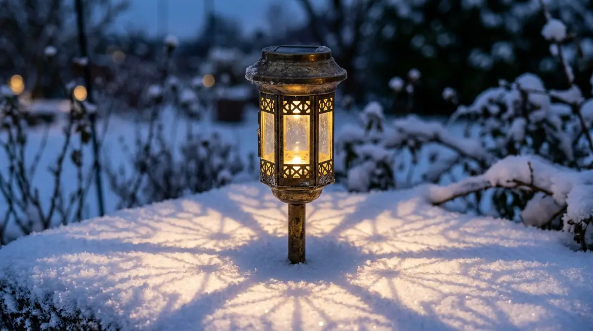 Brass solar light in snow