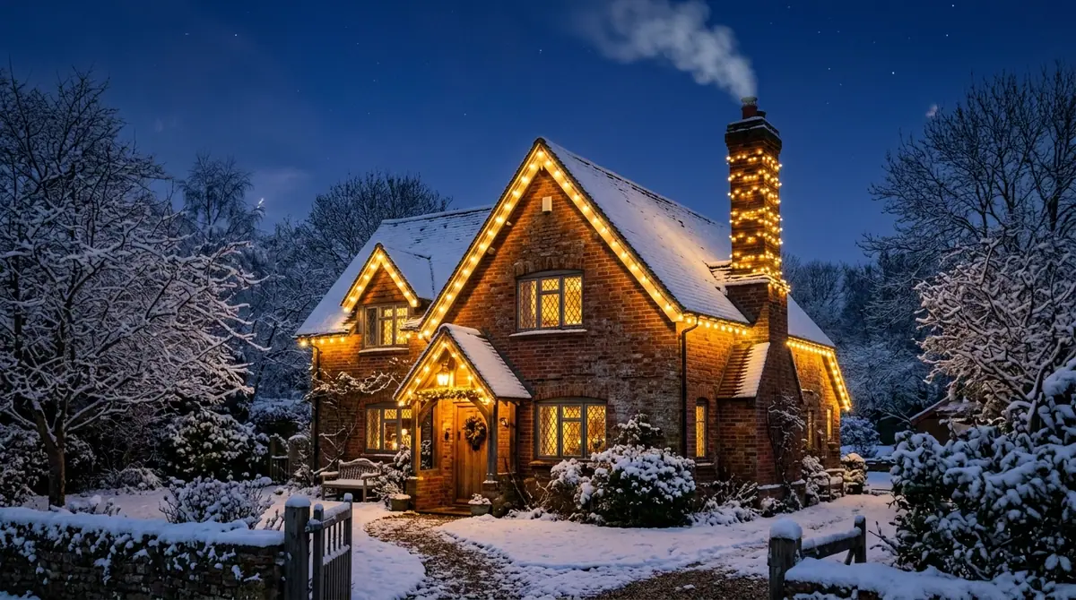 Brick cottage with smoking chimney
