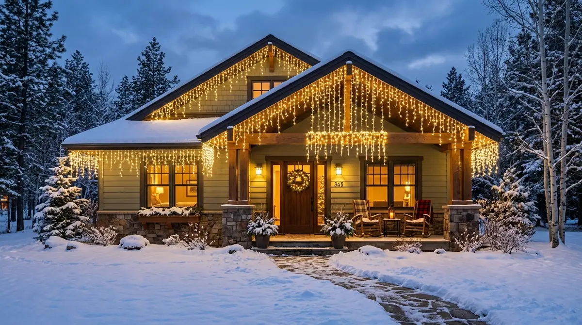 Bungalow with holiday icicle lights