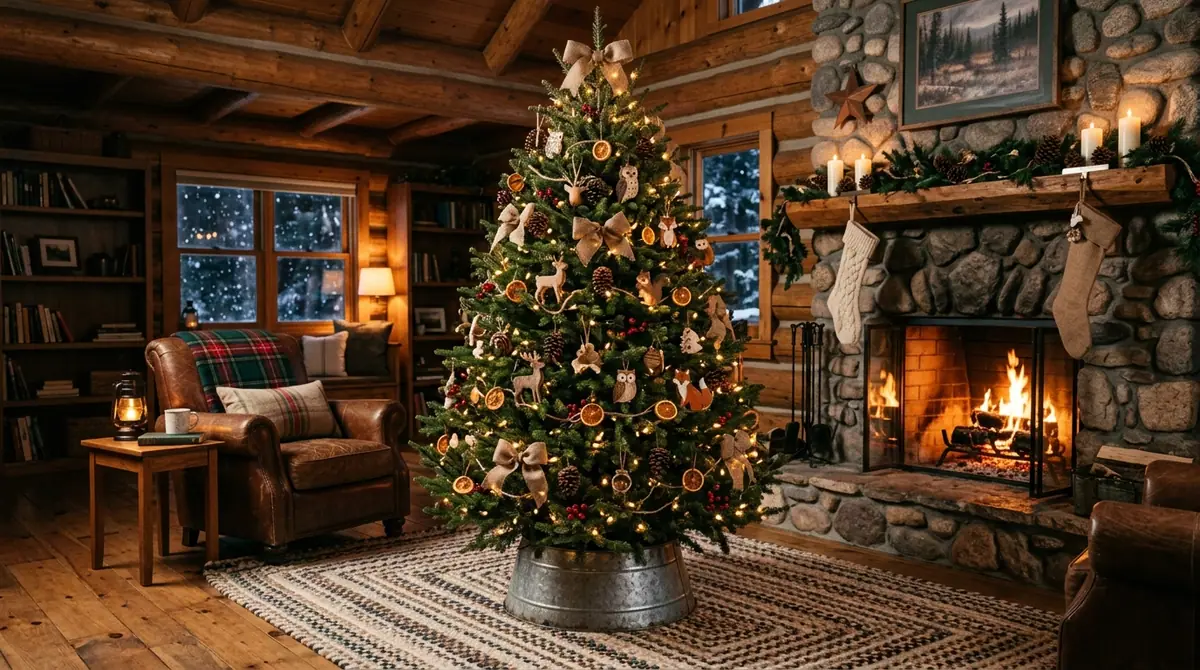 Cabin living room christmas tree
