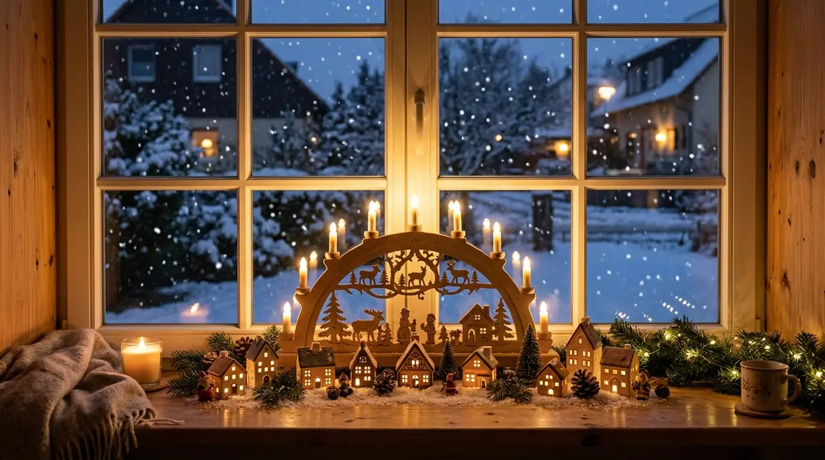 Candle arch on snowy windowsill