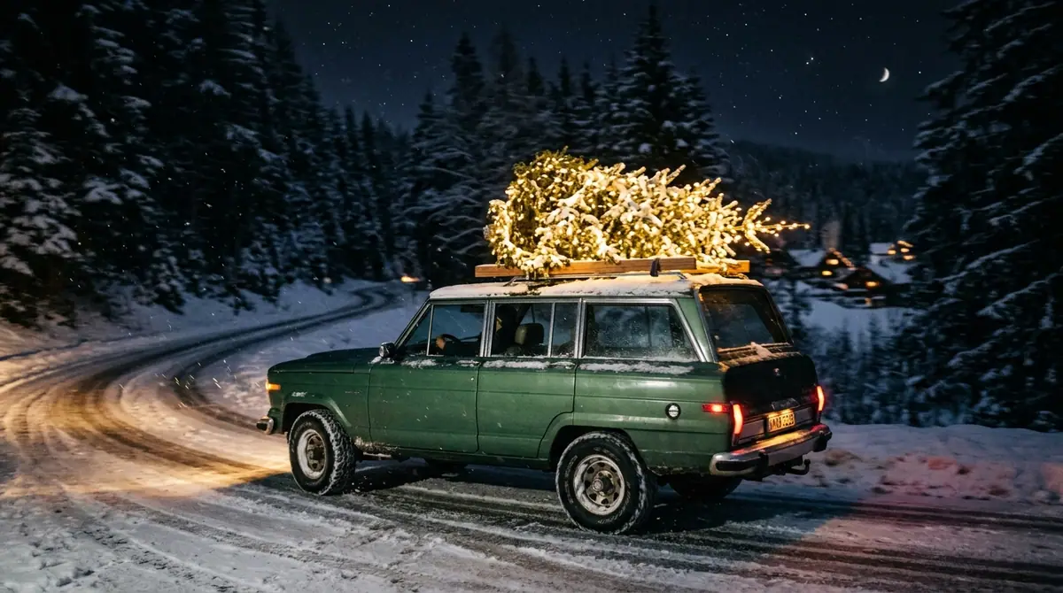 Car driving with christmas tree