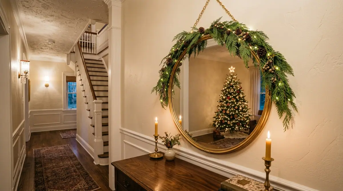 Cedar garland on round mirror