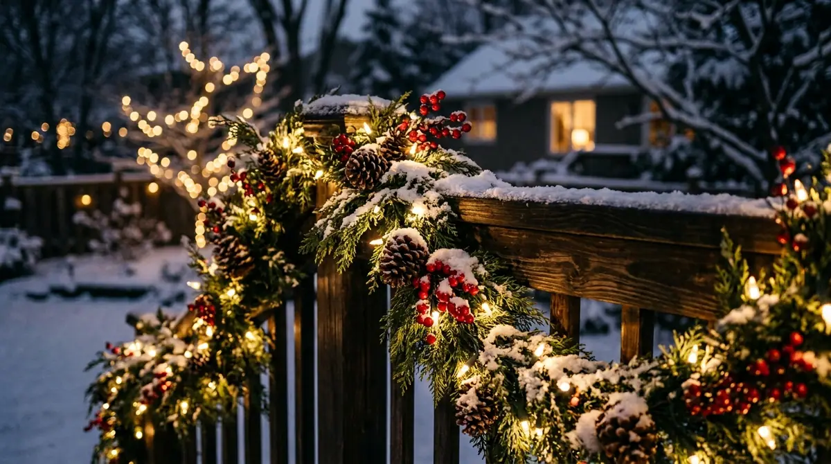 Cedar garland on wood railing