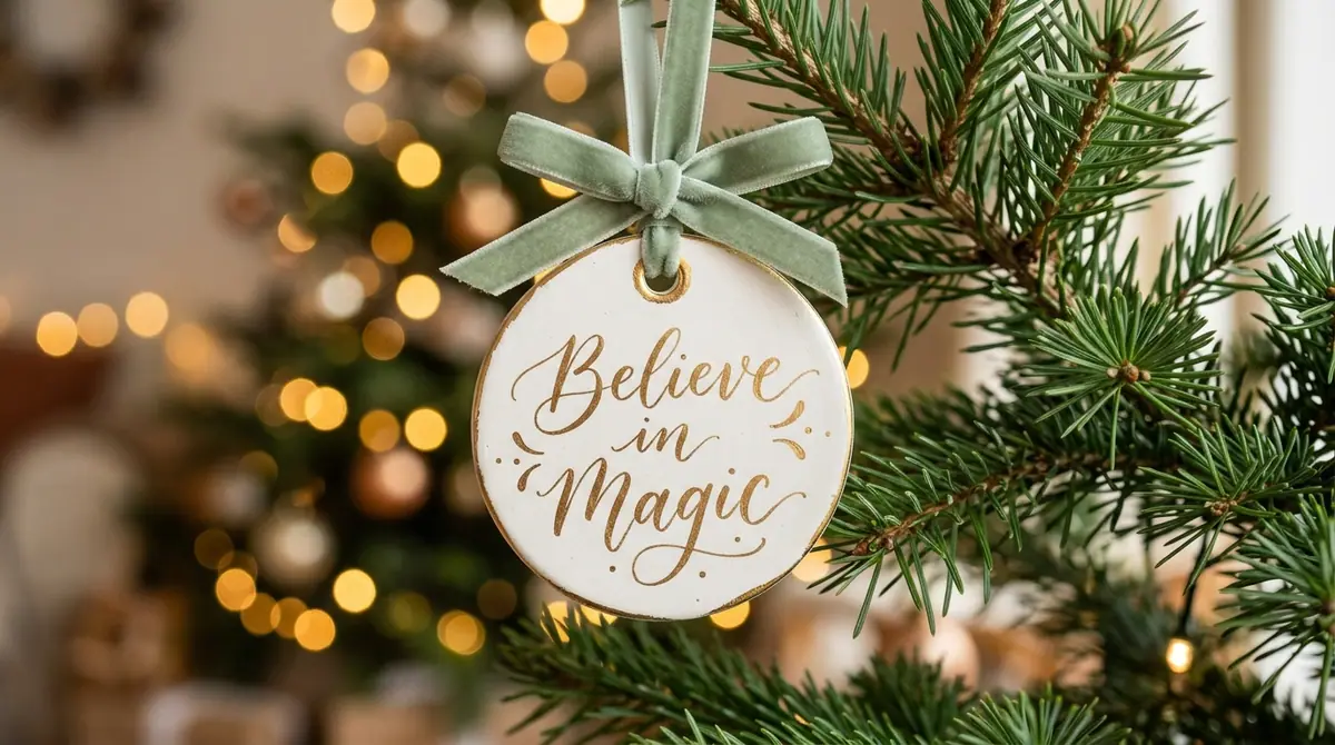 Ceramic ornament hanging on branch