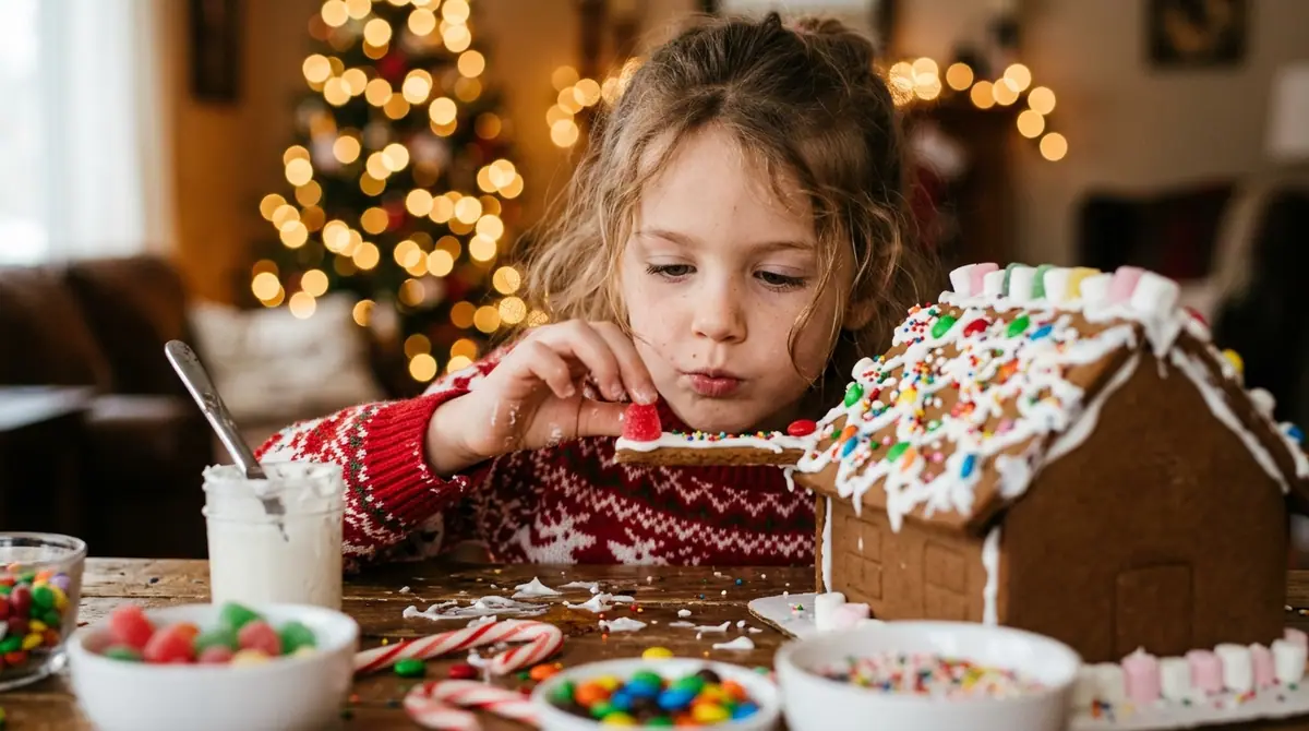 Child decorating gingerbread house