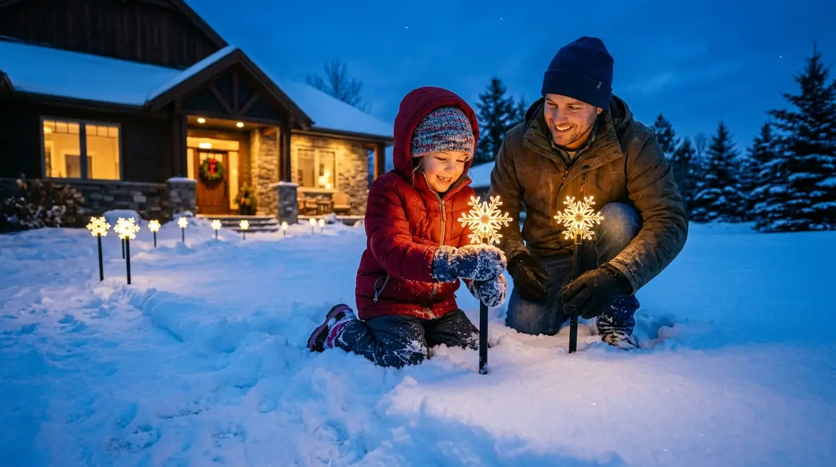 Child helping parent install lights