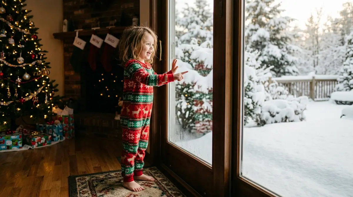 Child pointing at snow