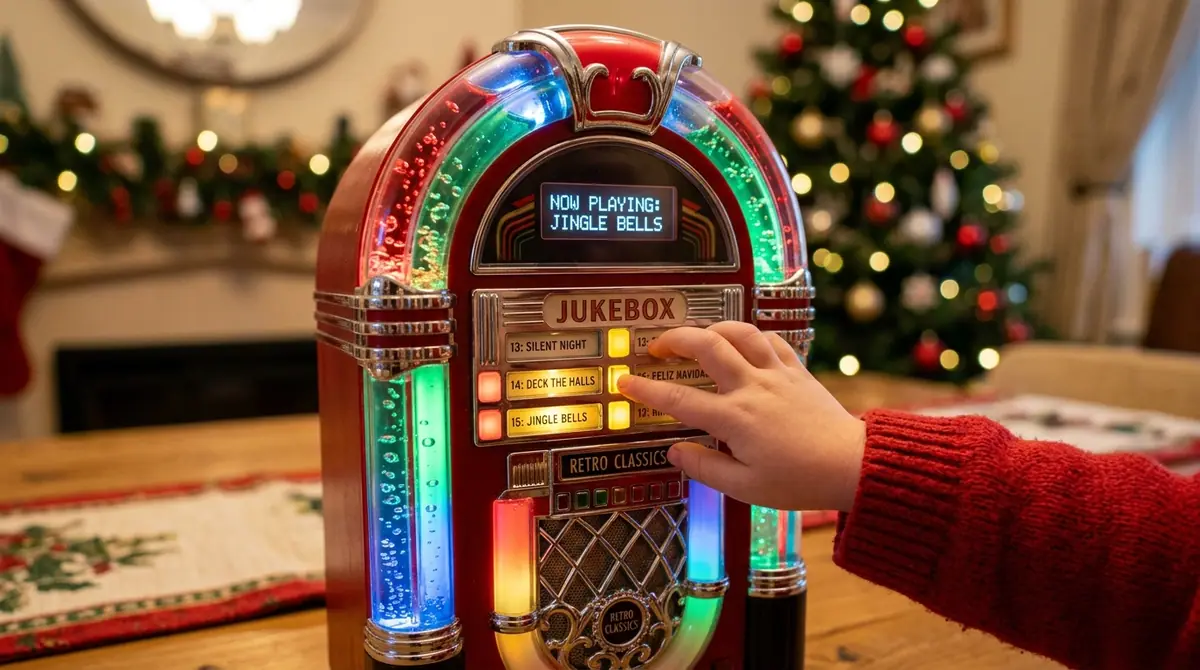 Child pressing jukebox button