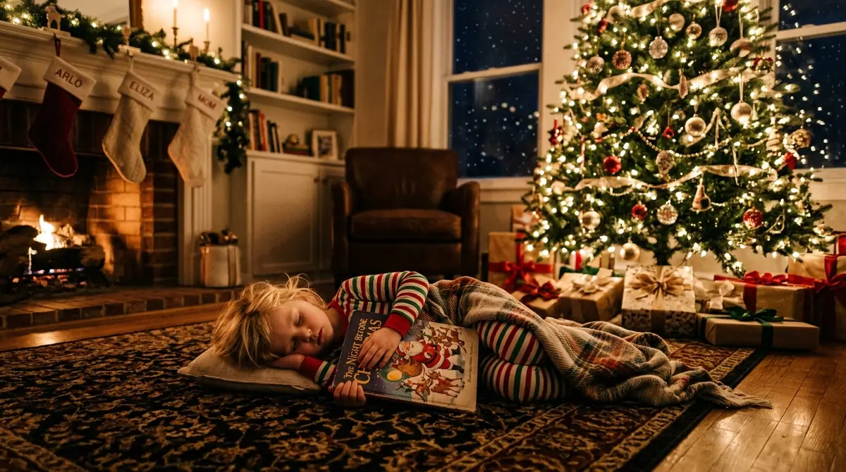 Child sleeping near christmas tree
