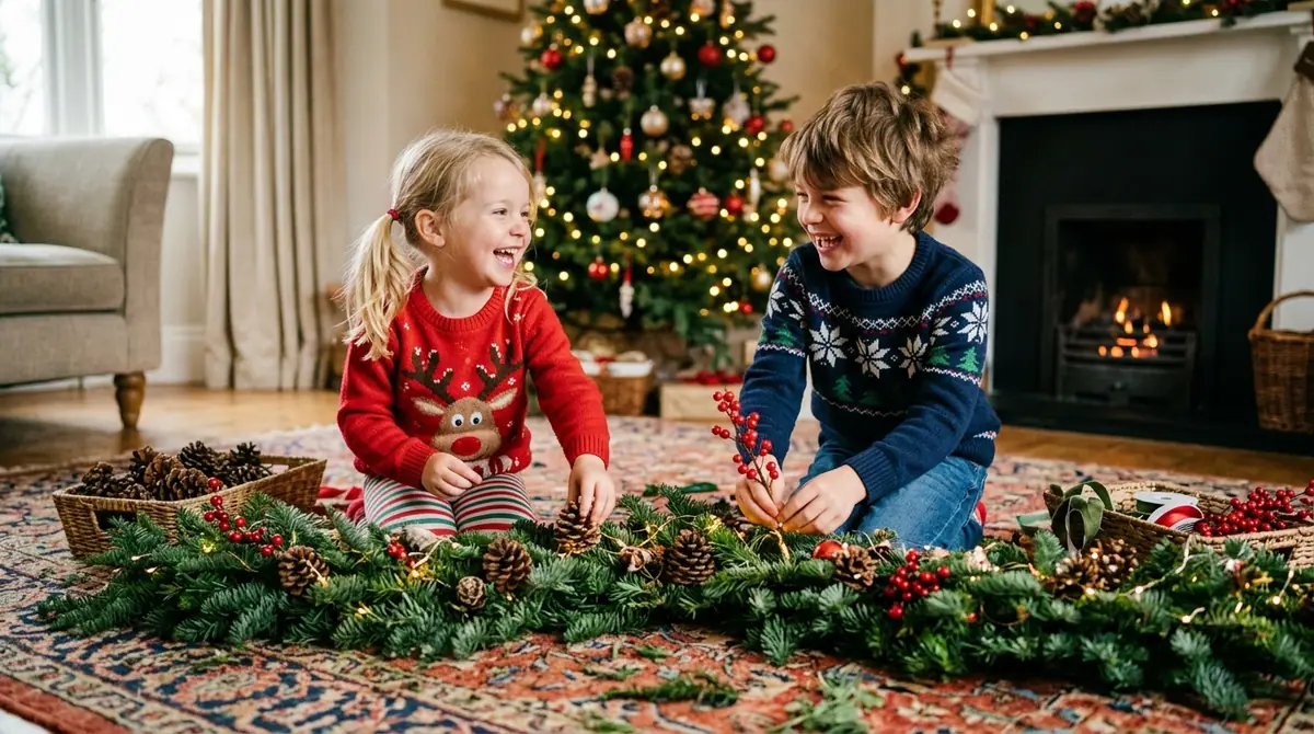 Children decorating fir garland