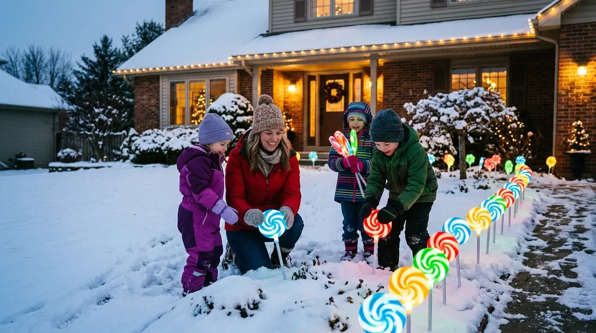 Children decorating snowy garden