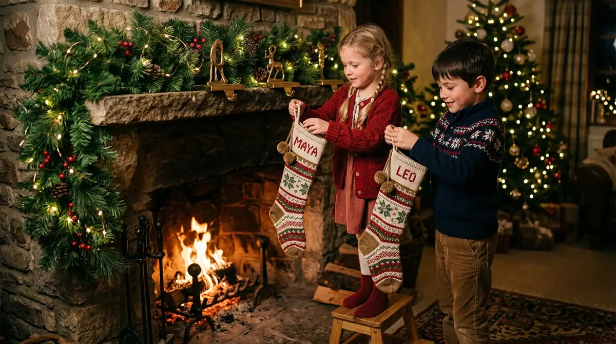 Children hanging christmas stock
