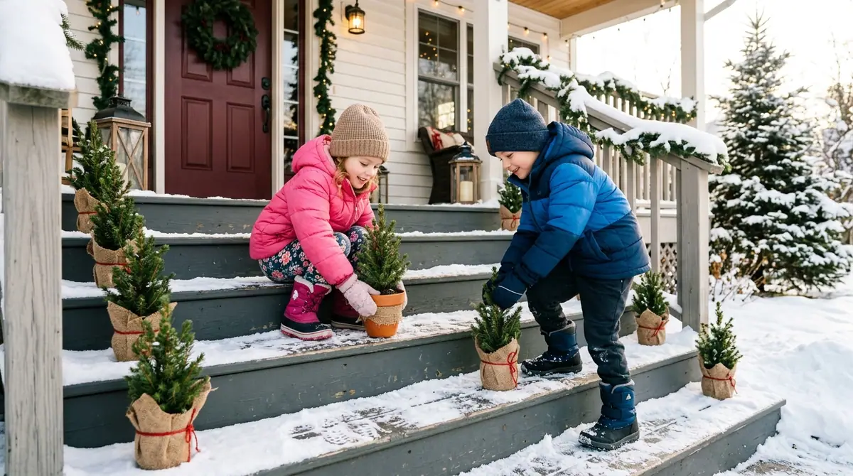 Children placing mini pine trees