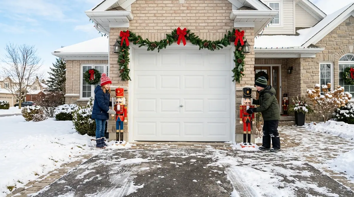 Children placing nutcracker statues