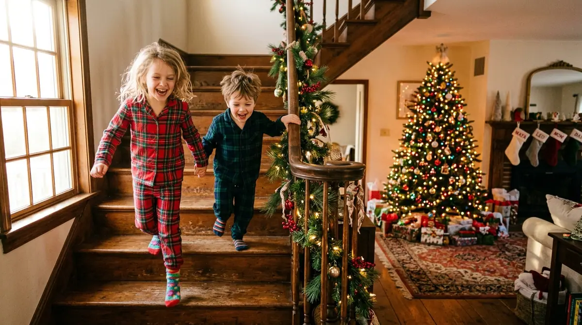 Children running down wooden sta