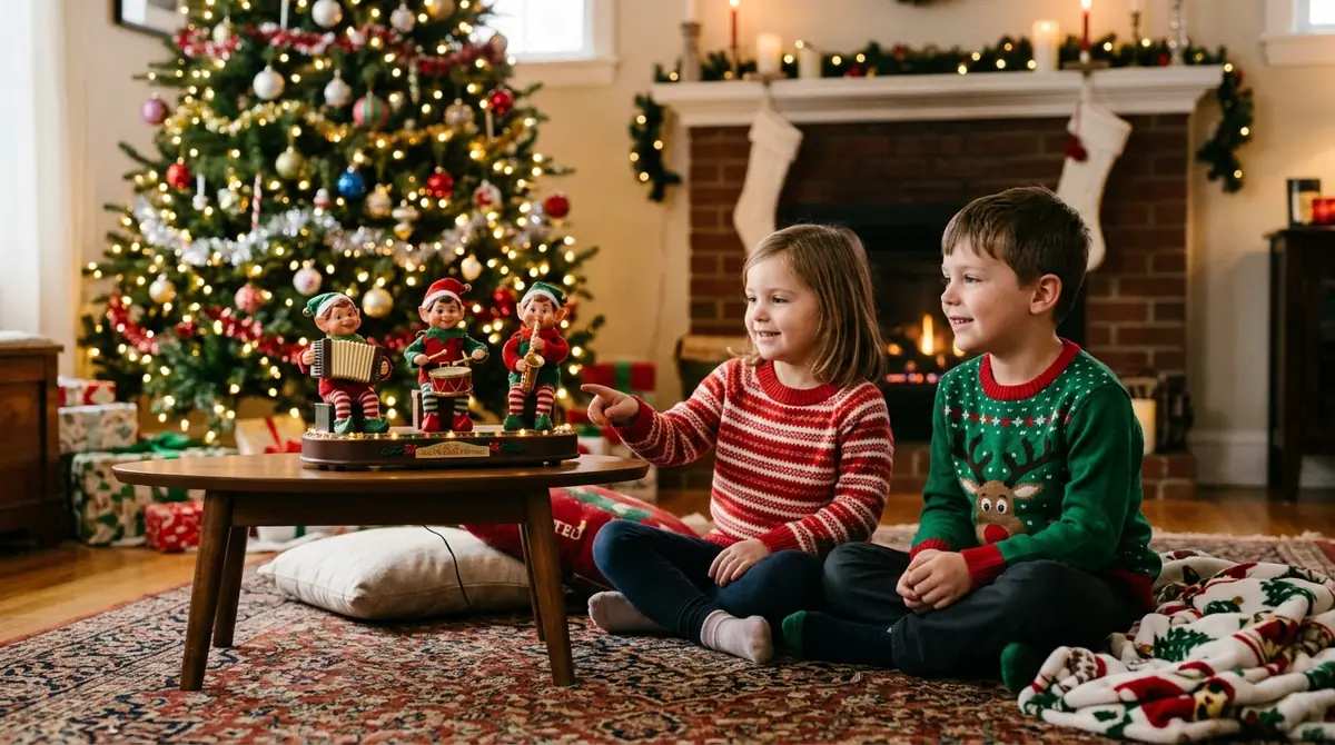 Children watching holiday figuri