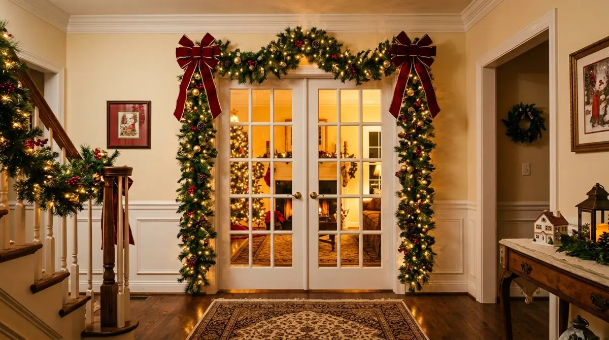 Closed french doors with christm