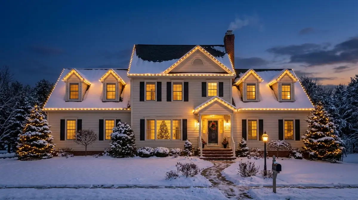 Colonial home with holiday lights