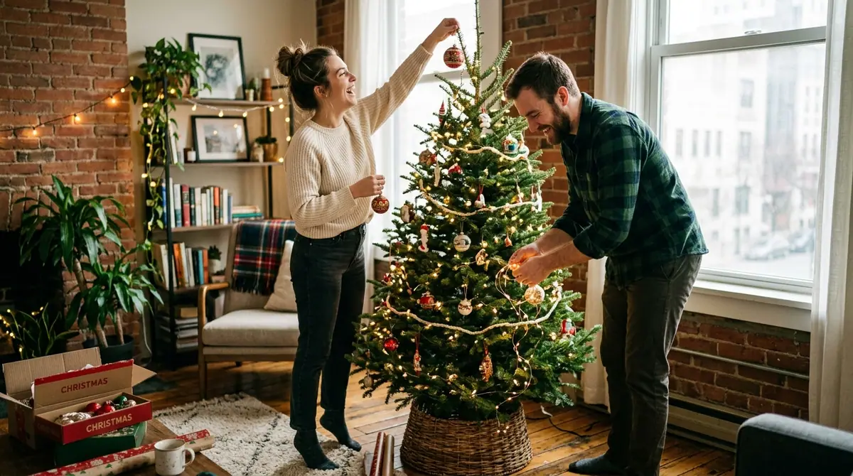 Couple decorating christmas tree