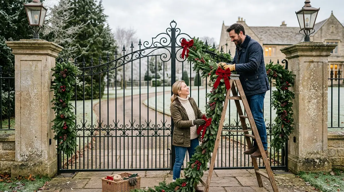Couple decorating gate with garland