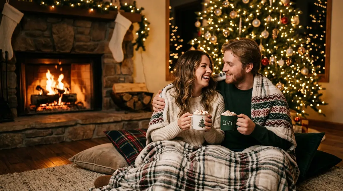 Couple holding mugs by tree