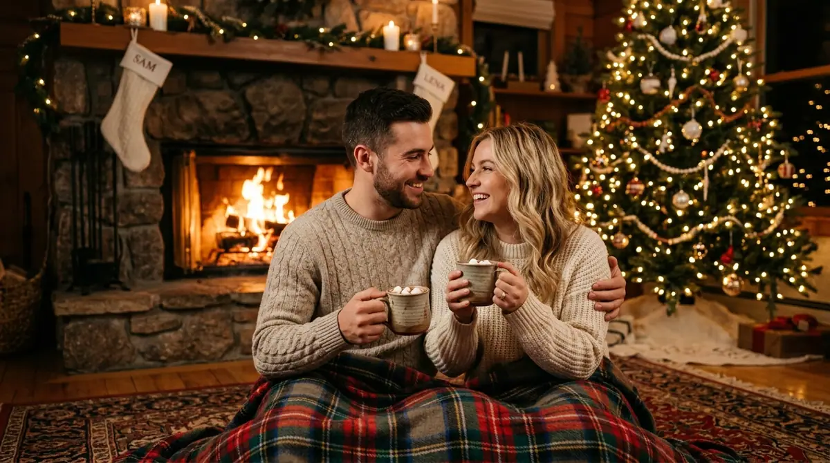 Couple holding mugs near fireplace