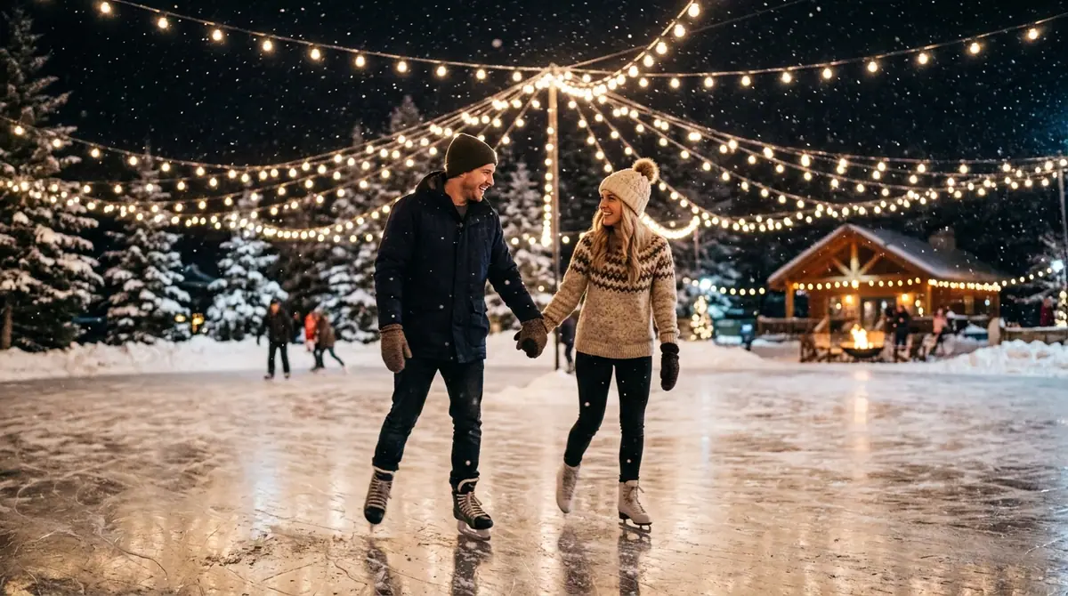 Couple ice skating on pond