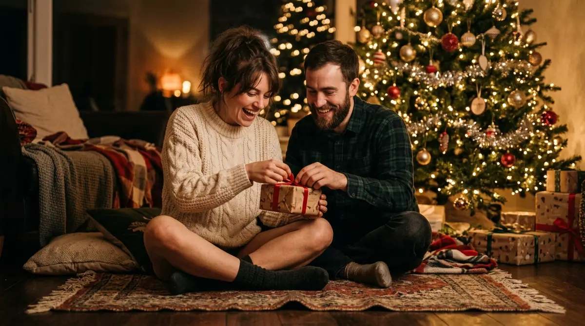 Couple opening christmas present