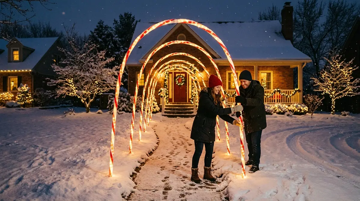 Couple positioning candy cane hoops