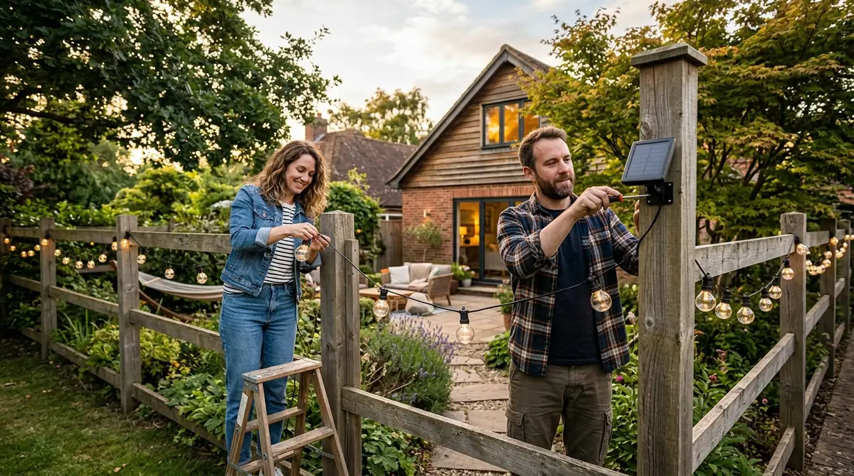 Couple stringing lights along fence