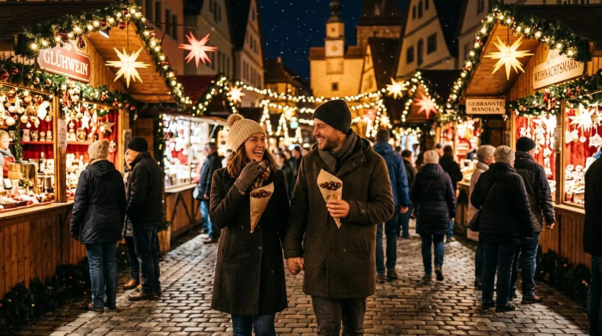 Couple strolling through christm