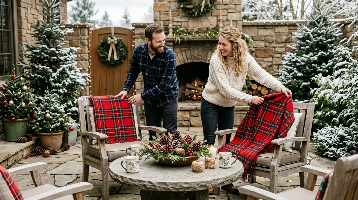 Couple styling outdoor patio fur