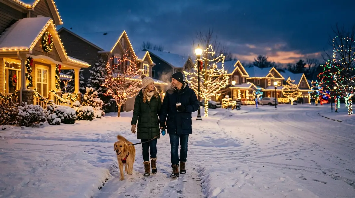 Couple walking dog on street