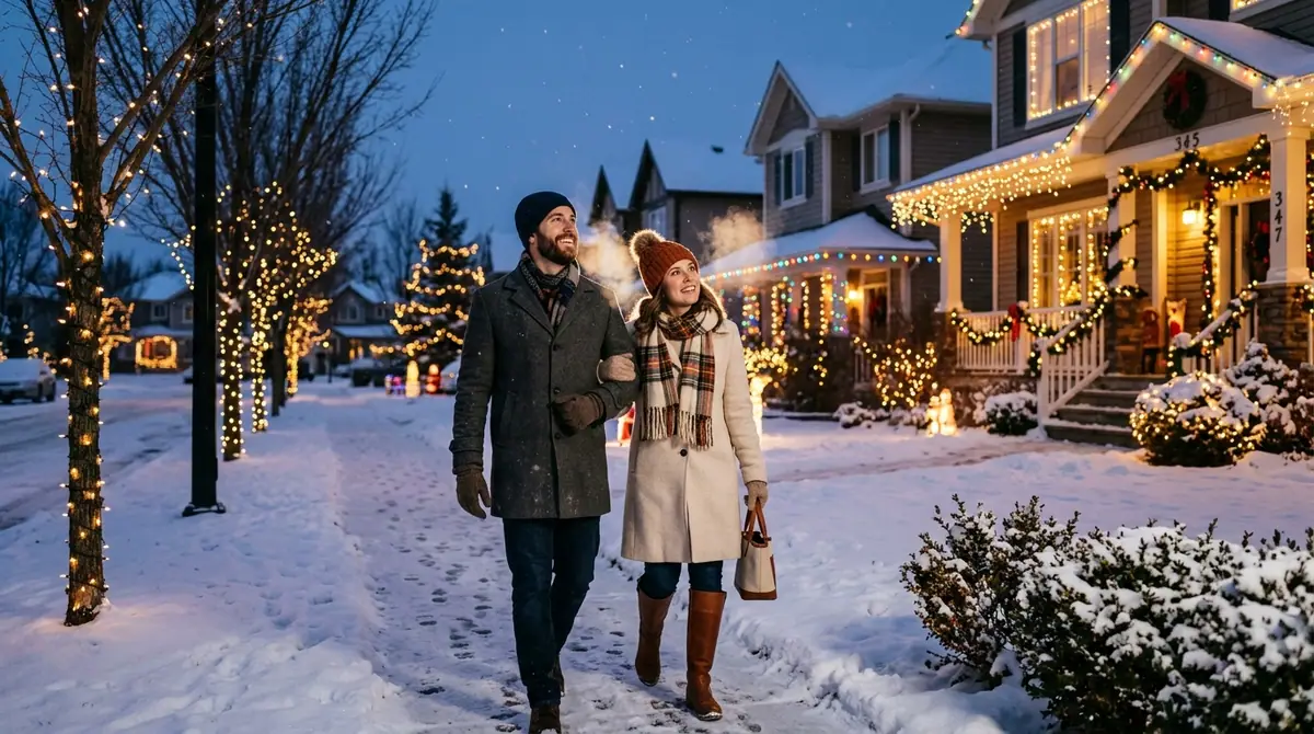 Couple walking on snowy sidewalk