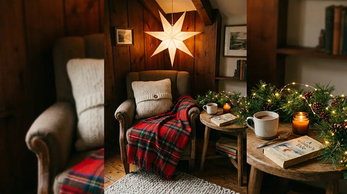 Cozy armchair with plaid blanket