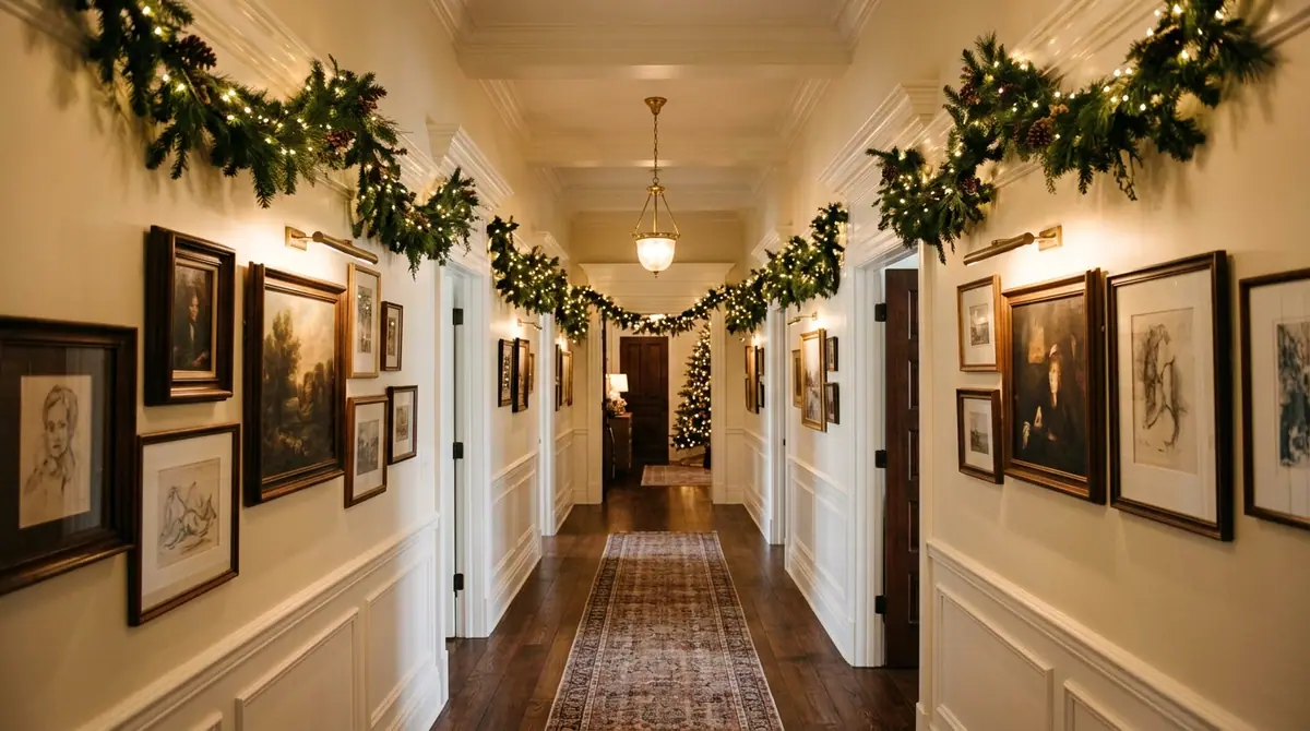 Cozy hallway with pine garland