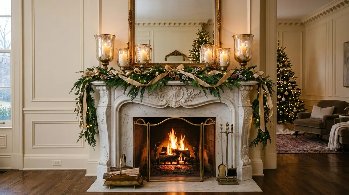 Decorated marble fireplace mantel